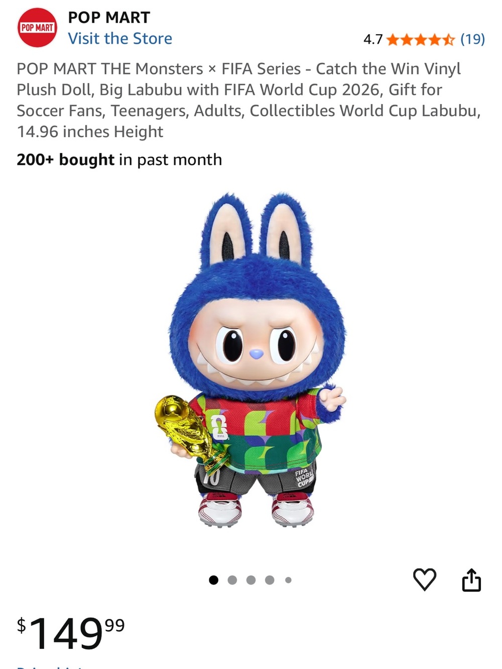 THE Monsters × FIFA Series Plush Doll, Big Labubu with FIFA World Cup, 14 inch - Picture 3 of 5